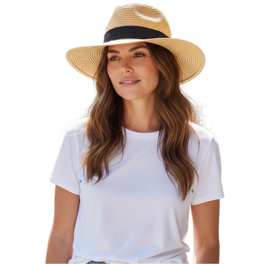 Straw Sun Hat Tan Fedora with Black Sash New with Tags